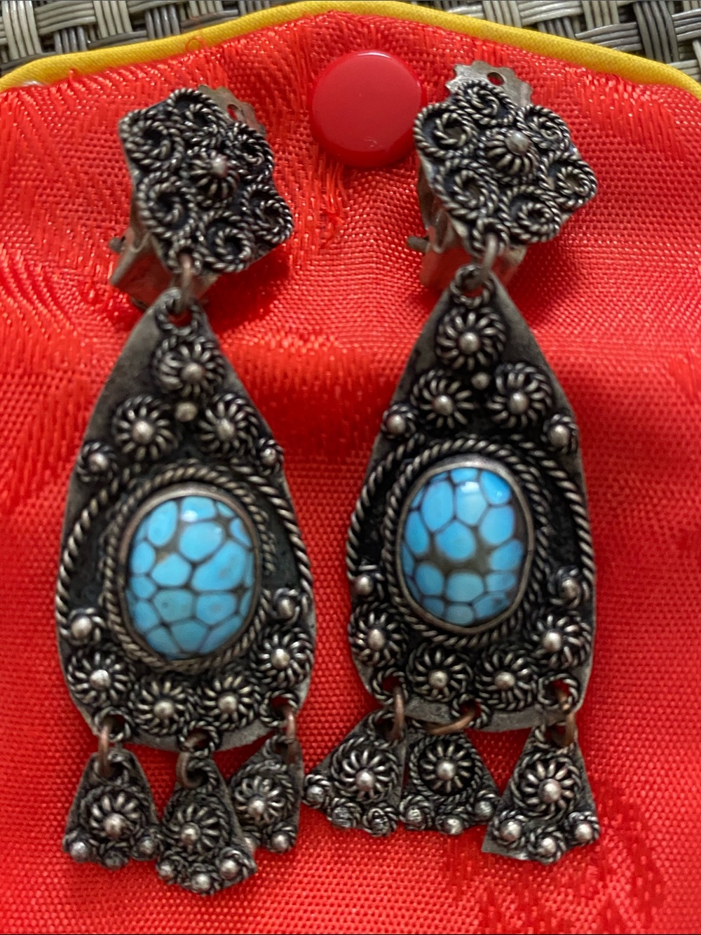 Vintage Turquoise Blue and Silver Filigree Dangle Earrings